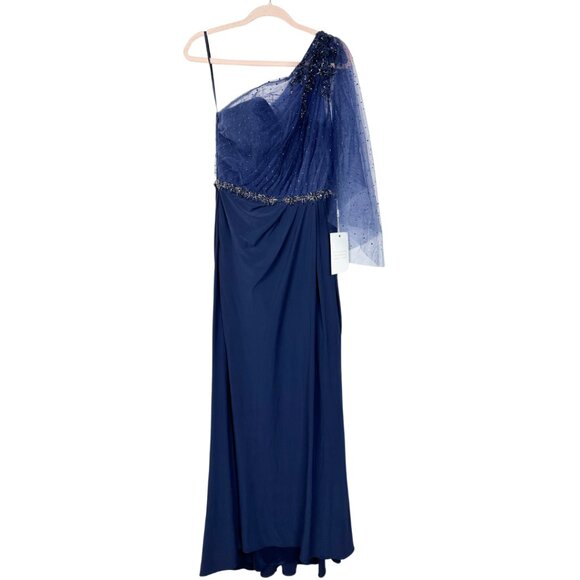 NWT Mac Duggal Embellished One Shoulder Draped Gown 6 Navy #8144 - Picture 2 of 9